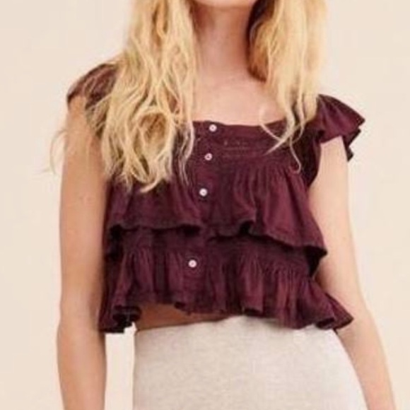 Free People Sunny Days Ahead Cranberry Ruffle Crop Top size large - Picture 1 of 12